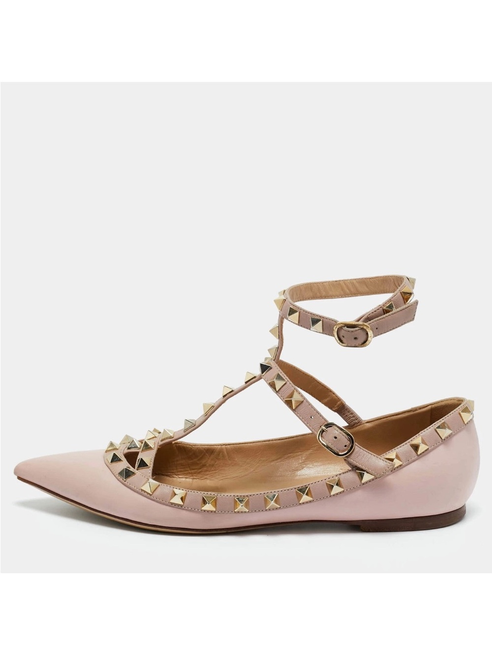 Valentino Pink Rockstud Ankle-Strap Pointed Flats